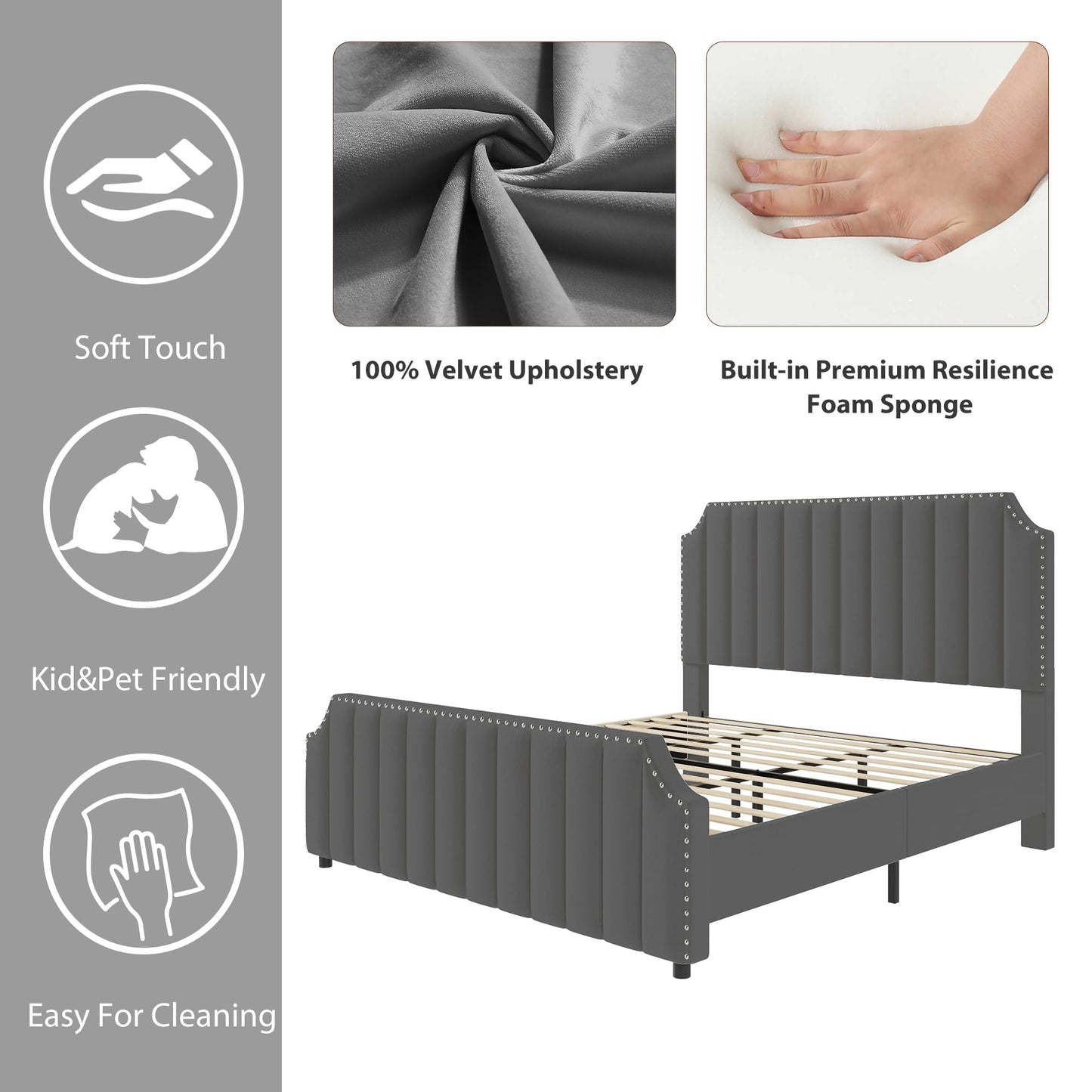 GarveeHome King Size Platform Bed Frame with 50.2 in Headboard, Velvet Upholstered Bed Frame with Vertical Channel Tufted Headboard & Footboard, Nailhead Trim, No Box Spring Needed, Grey