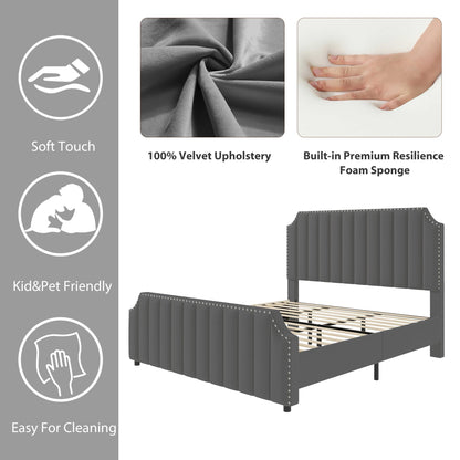GarveeHome King Size Platform Bed Frame with 50.2 in Headboard, Velvet Upholstered Bed Frame with Vertical Channel Tufted Headboard & Footboard, Nailhead Trim, No Box Spring Needed, Grey