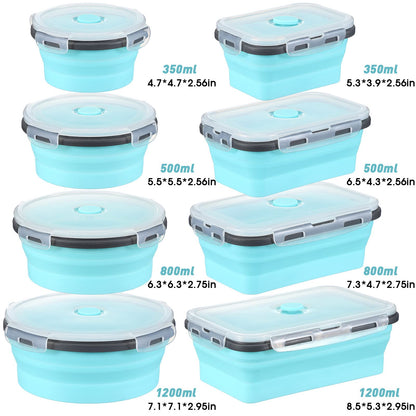 Zopeal 8 Pcs Collapsible Food Storage Containers Foldable Silicone Lunch Containers with Lids 4 Silicone Rectangle Collapsible Bowls and 4 Round Food Bowls Microwave Freezer Dishwasher Safe (Blue)