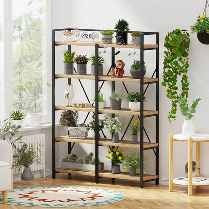 FATORRI Bookshelf, 5 Tier Industrial, Tall Etagere Bookcase, Rustic Wood and Metal Book Shelf with Large Open Shelving Unit for Home Office Living Room (Rustic Oak, 51 Inch Wide)