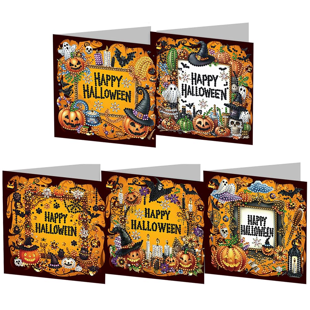 5D DIY Diamond Painting Greeting Card Kit, Diamond Art Halloween Pumpkin Gnome Holiday Greeting Card, Art Crafts Kit Creative Gift with Envelope (5pcs-Black)