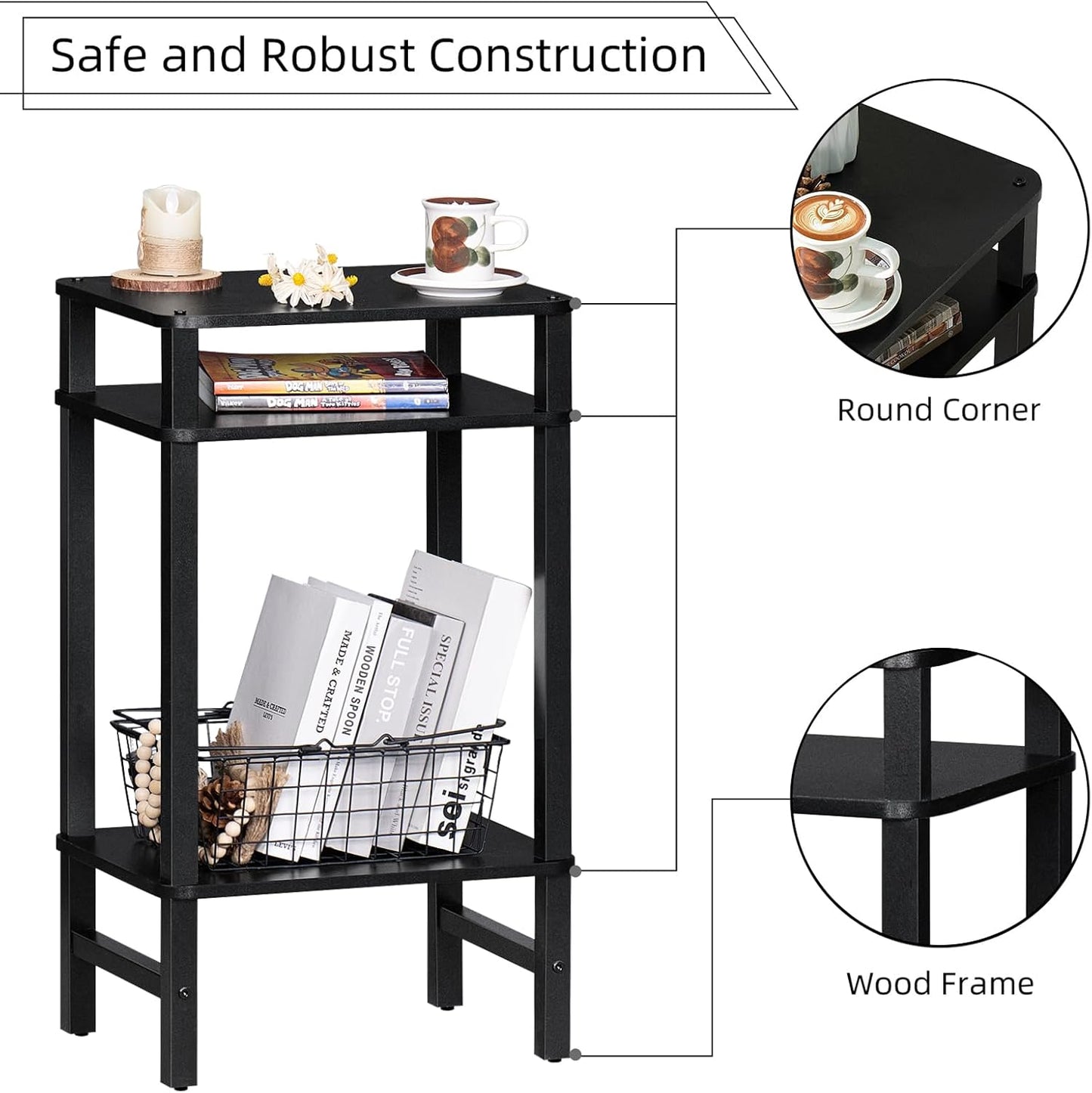 3-Tier YUFAM Side Table End Table Tall Night Stand for Living Room Bedroom Bathroom Office Furniture Black