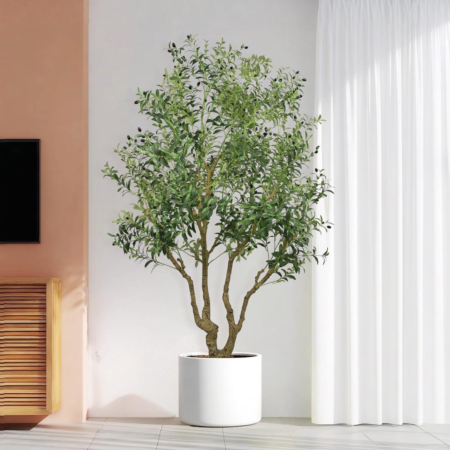 8ft Olive Trees Artificial Indoor Large Faux Olive Tree with Pot, Natural Wood Trunk, Lifelike Fruits & Branches, Fake Plants for Indoor Outdoor Home Office Living Room Floor Decor, 1 Pack