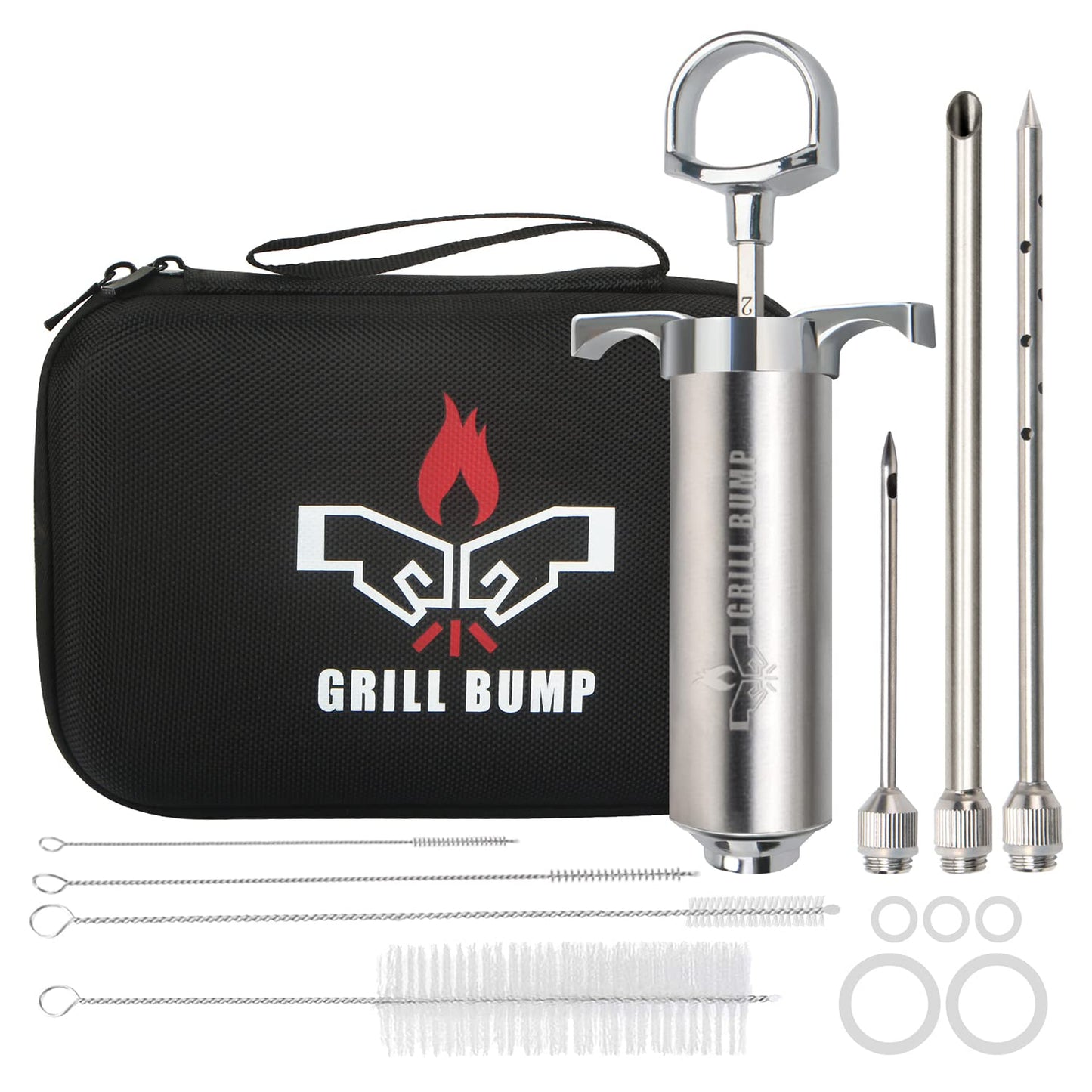 Grill Bump Meat Injector Syringe Kit with 3 Professional Marinade Injector Needles and Travel Case for BBQ Grill Smoker, Turkey and Brisket; 2-oz Large Capacity, Both Paper User Manual and E-Book