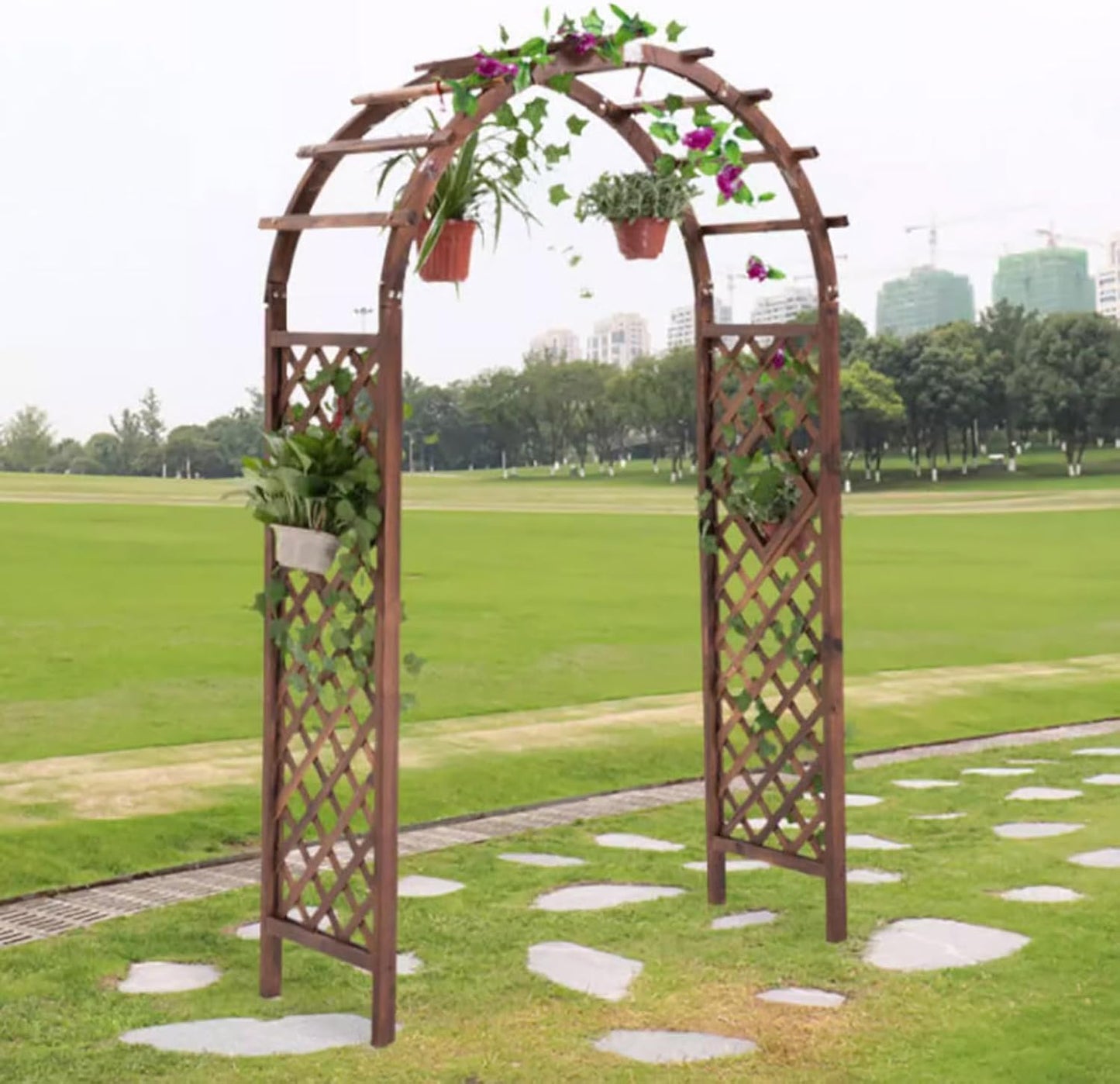 Wooden Garden Arbor Arch for Climbing Plants, Outdoor Wedding Ceremony Trellis, 4.5ft×7.4ft Brown Pergola for Backyard Lawn Party Decoration Brown 4.5ft×7.4ft