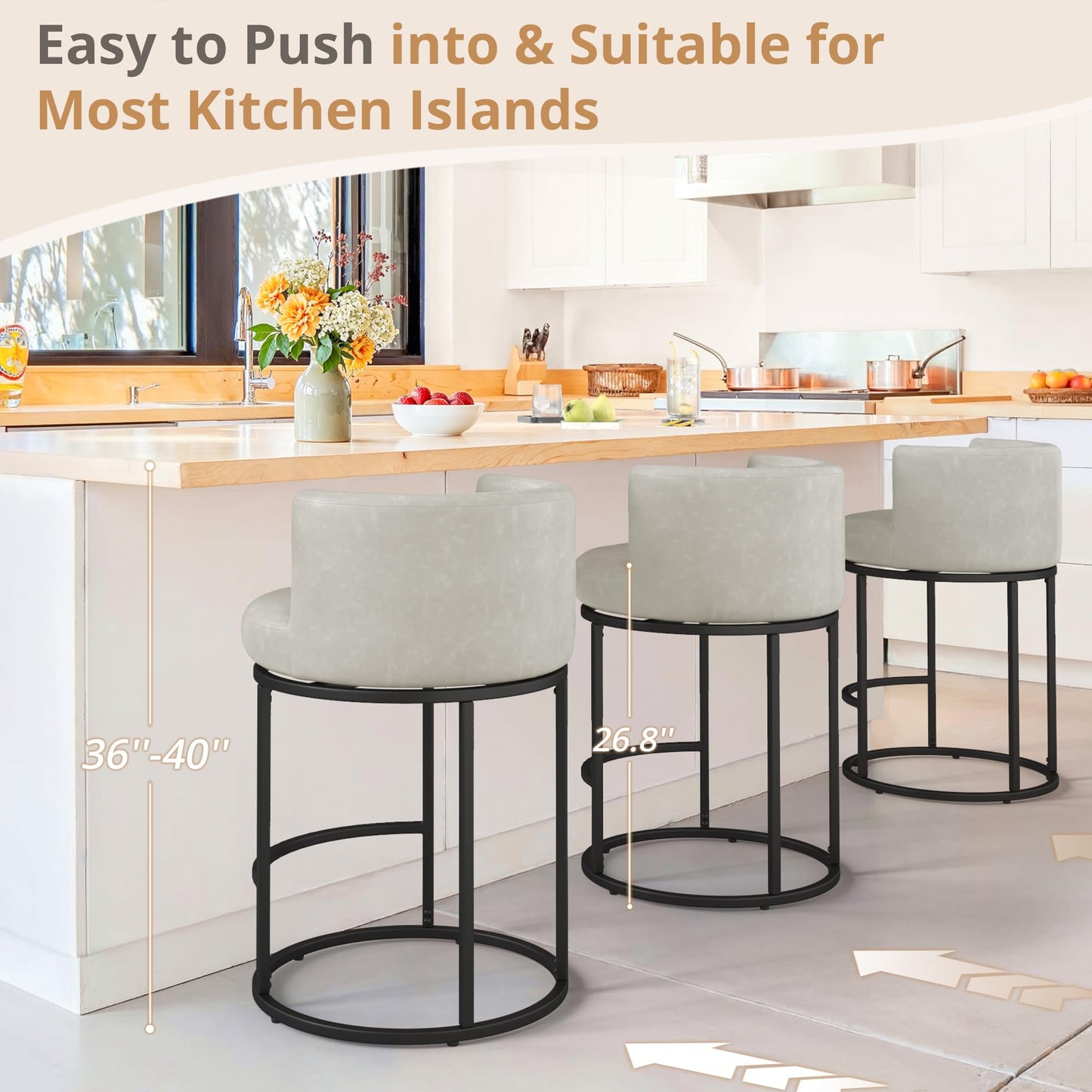 LUE BONA 26.8" Counter Height Bar Stools Set of 3, 180° Swivel Bar Stools, Modern Barrel Counter Stools with Metal Frame, Faux Leather Upholstered Barstools for Kitchen Island, Light Beige Gray