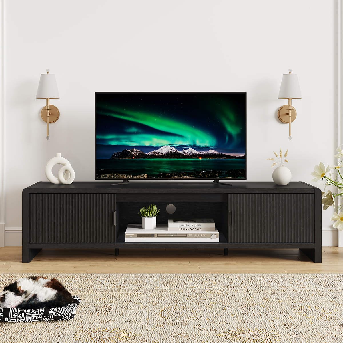 FATORRI TV Stand for 75/65/55 Inch TVs, Mid Century Modern Entertainment Center with Storage, Wooden Television Media Console Cabinet with Fluted-Door for Living Room, Bedroom (63 Inch W, Black)