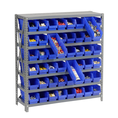 Global Industrial 7 Shelf Steel Shelving with (48) 4" H Plastic Shelf Bins, Blue, 36" W x 12" D x 39" H, Single-Sided Open Shelving with 48 Plastic Shelf Bins