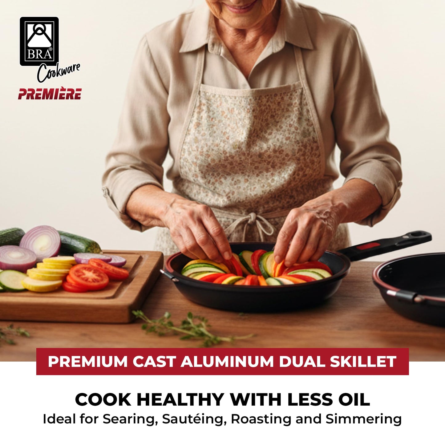 BRA COOKWARE Premiere Dual Skillet | 9.5 inches Double Frying Pan for Frittatas & Spanish Omelets | PFOA Free Triple Nonstick Coating | Full Induction Reversible Pan | Cast Aluminum Flip Skillet