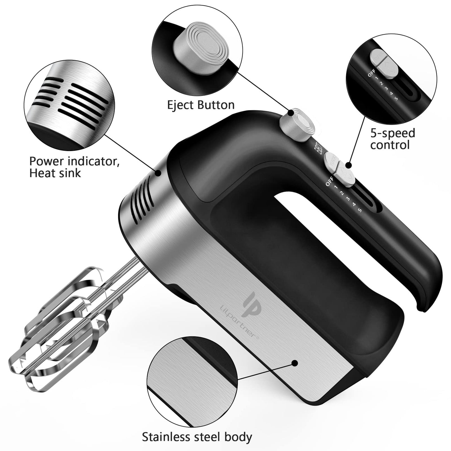 Hand Mixer Electric, 450W Kitchen Mixers with Scale Cup Storage Case, Turbo Boost/Self-Control Speed + 5 Speed + Eject Button + 5 Stainless Steel Accessories, For Easy Whipping Dough, Cream, Black