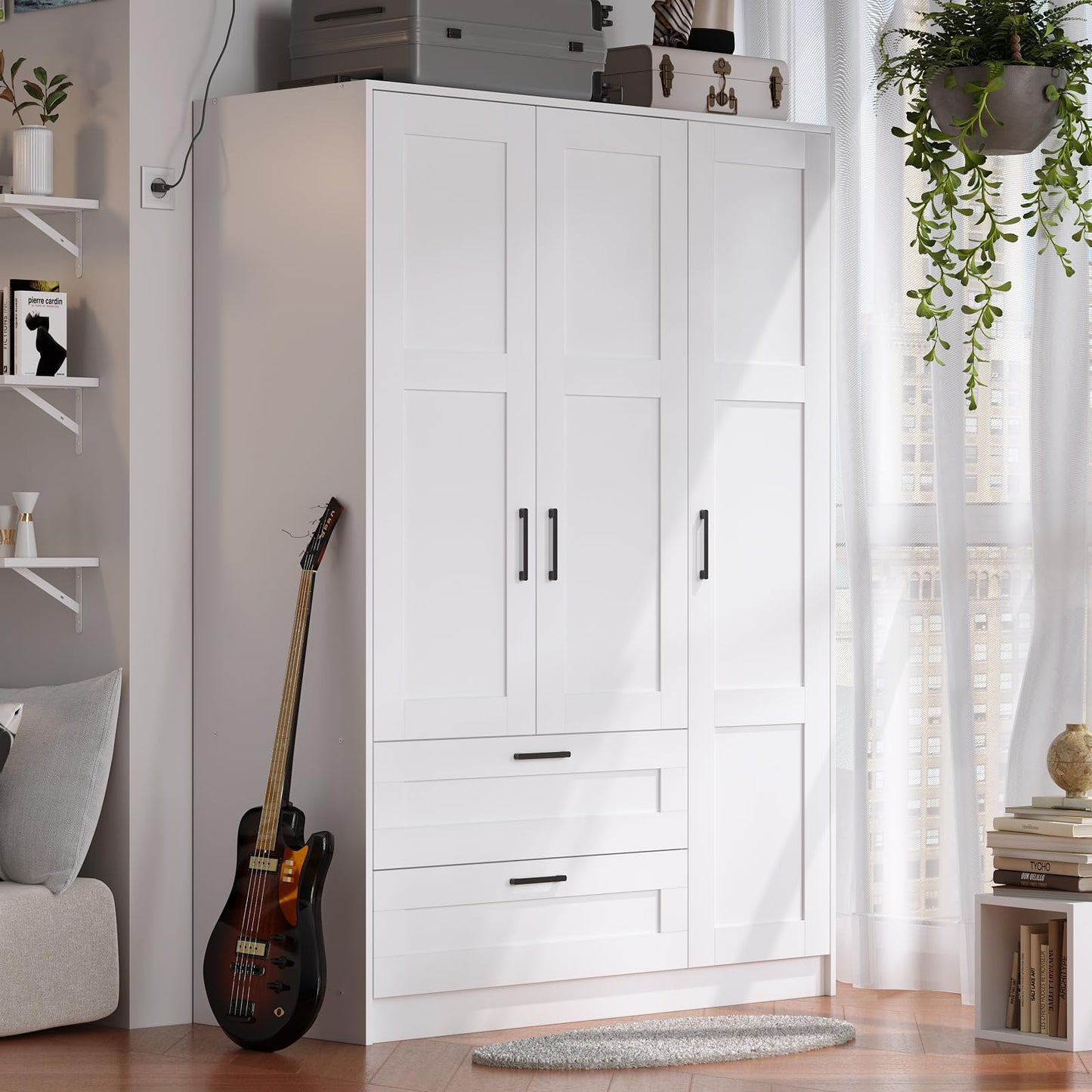 Fenghua Lizhi 3 Doors Wooden Wardrobe Closet Armoire, White Storage Cabinet for Hanging Clothes, Bedroom Large Capacity Freestanding Armoire,Wood Wardrobe Combination with Shelves (2drawer, White)