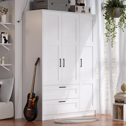 Fenghua Lizhi 3 Doors Wooden Wardrobe Closet Armoire, White Storage Cabinet for Hanging Clothes, Bedroom Large Capacity Freestanding Armoire,Wood Wardrobe Combination with Shelves (2drawer, White)