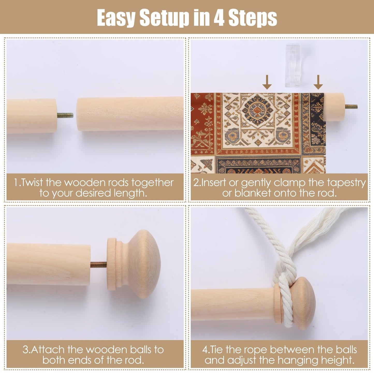 Adjustable Wooden Tapestry Hanger Wood Wall Hanging Rod for Tapestries, Boho & Farmhouse Wall Decor (16-28 Inches)