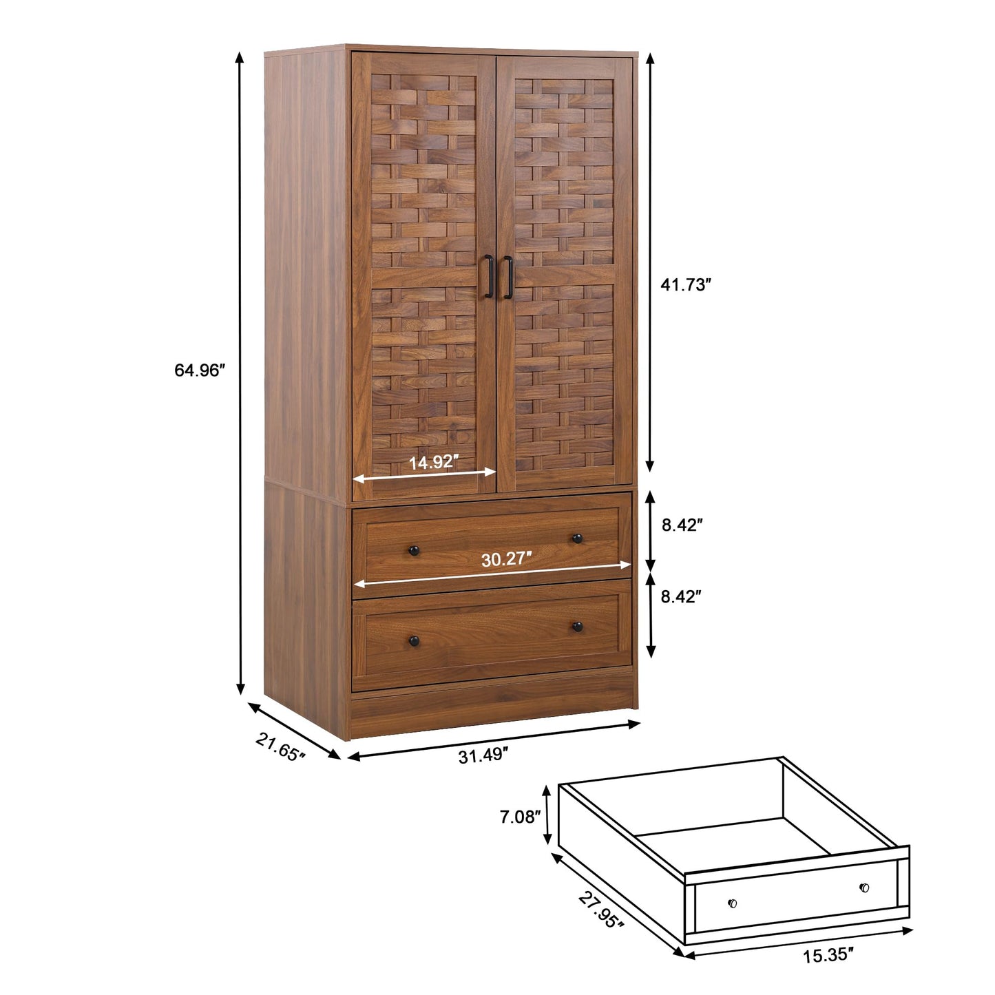 LEVNARY Armoire Wardrobe Closet with 2 Woven Doors, Wardrobe Cabinet with Storage Drawers and Hanging Rail, Freestanding Closets for Bedroom (Walnut)