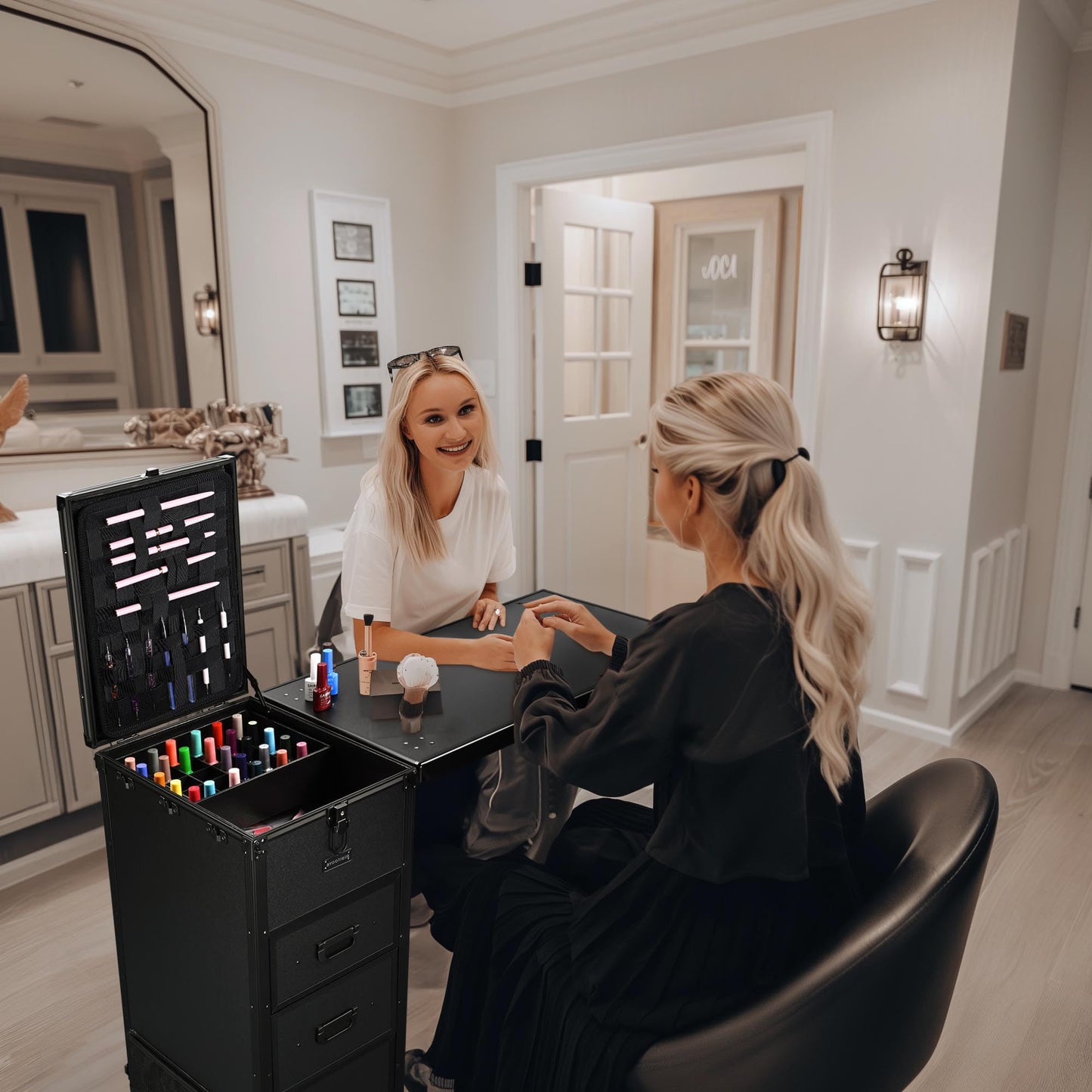 BYOOTIQUE Black Portable Nail Station with Storage Two-Way Removable Tabletop Foldable Manicure Desk Station on Wheels for Makeup Artisr Manicurist Beauty Salon Esthetician Barbershop Hairstylist