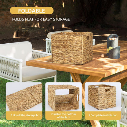 WEAVELYRICS Rectangular Storage Baskets 13x11in, 4 Pack Water Hyacinth Wicker Bins with Handles, Foldable Natural Organizer for Shelves Kitchen Closet, Handwoven Storage Cubes