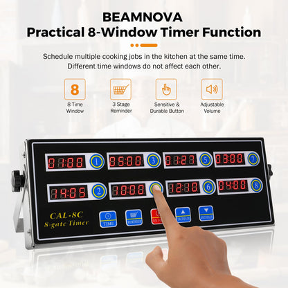 BEAMNOVA 8-Channel Digital Kitchen Timer, Commercial Timer for Restaurant, Food Timer for Cooking, Fryer Reminder, Adjustable Loud Alarm, Stainless Steel
