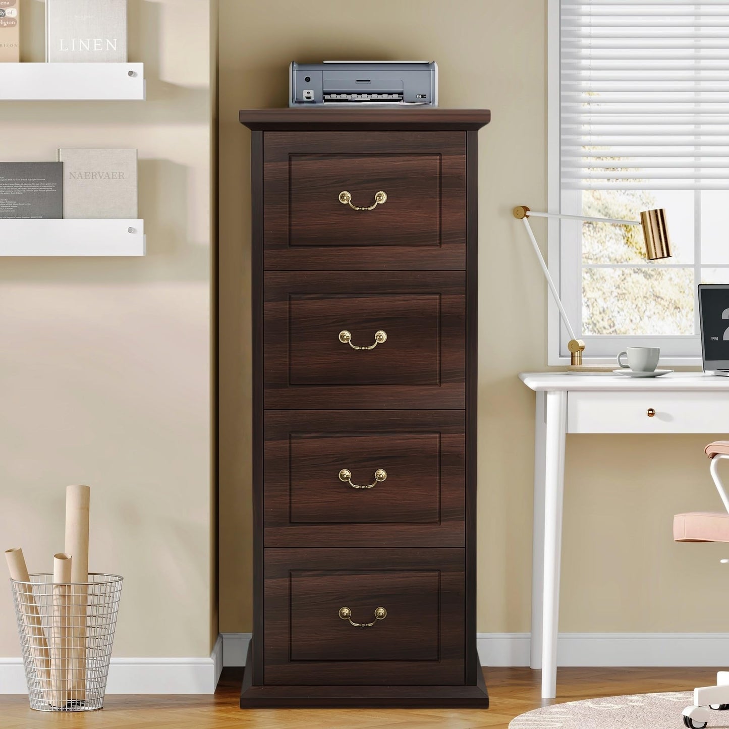 Tribesigns 4-Drawer File Cabinet, Vertical Wood Filing Cabinet for A4/Letter/Legal Size, Tall File Storage Printer Stand with Hanging Rails for Home Office, Classic Dark Walnut Finish