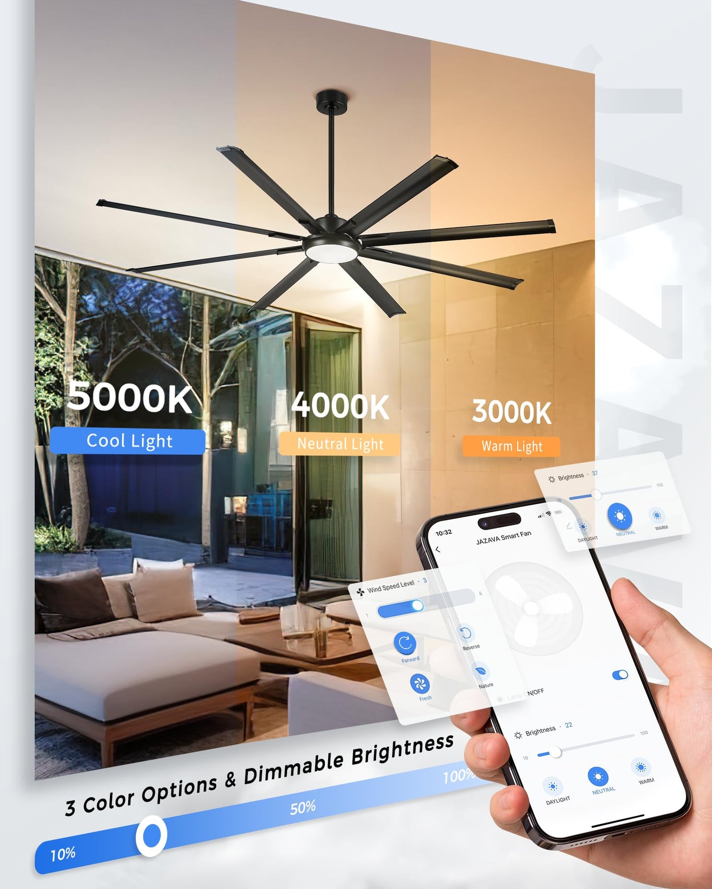 JAZAVA 84 Inch Industrial Ceiling Fan with Light, Large Ceiling Fan with 8 Aluminum Blades, Works with Alexa, 6-Speed Reversible DC Motor, 3 CCT Settings, Ideal for Covered Outdoor Spaces, CF04BK-84