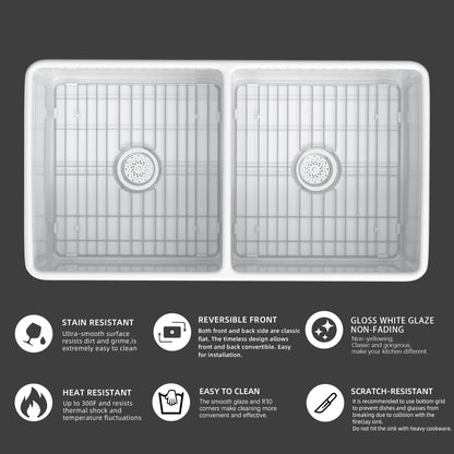 Miuara Farmhouse Sink Double Bowl 33 Inch - White Apron Front Kitchen Sink Reversible 33"x18", Undermount Farm House﻿ Style Dual Basin 50/50, Heavy Duty Solid Fireclay, for Kitchen