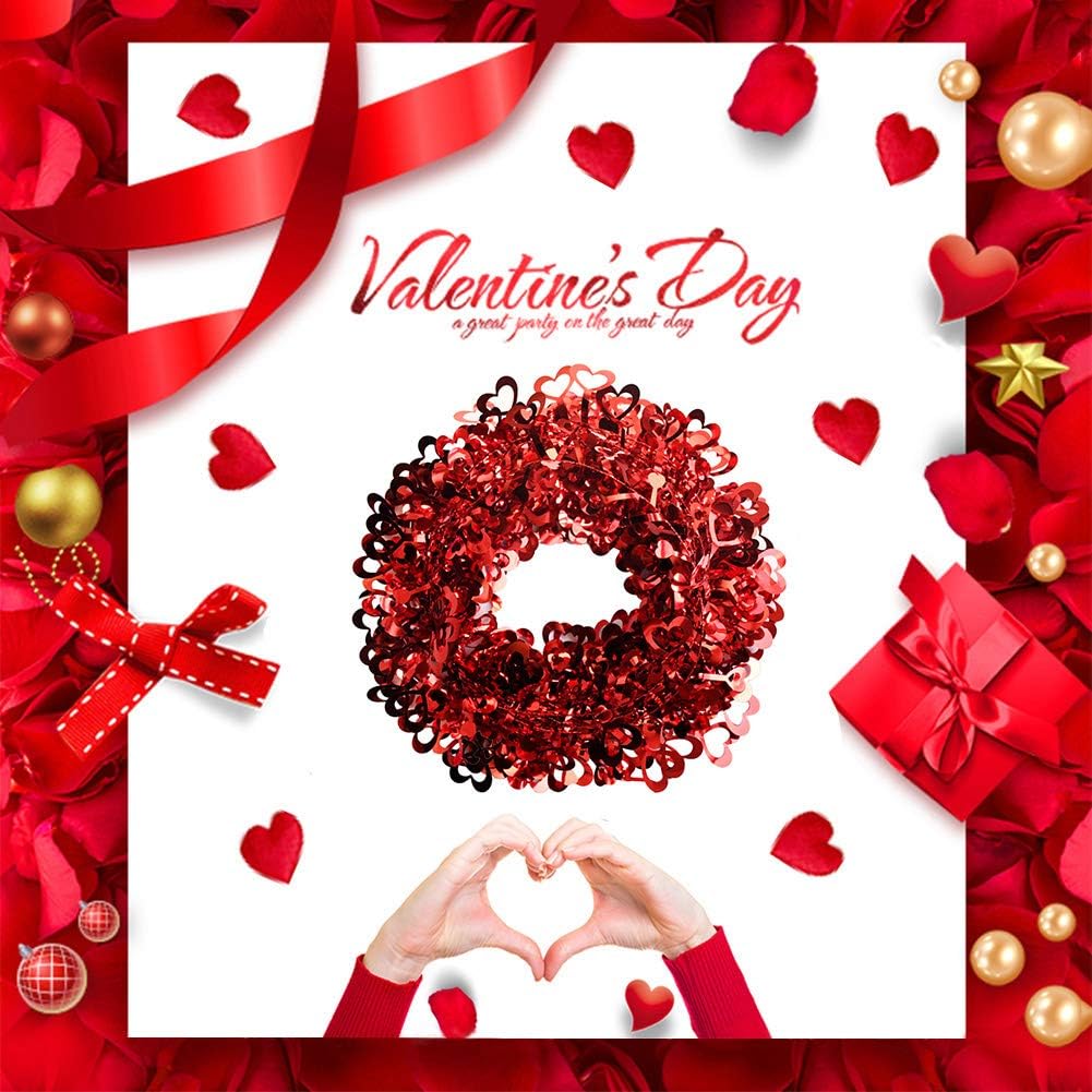 Ochine Tinsel Heart Wreaths Garland, Red Heart Shaped Wreaths Decor for Valentines' Day Wedding Party Decorations