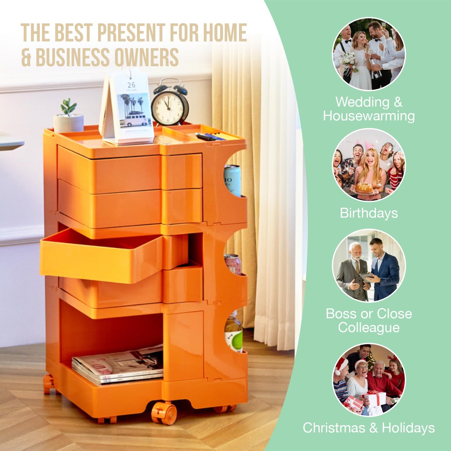 Multipurpose Utility Storage Cart - Industrial Storage with Wheels and Slide Out Drawers - Professional Trolley Cart - Portable Caddy for Salon Supplies, Kitchen Needs, Medical Tools - Tropical Orange