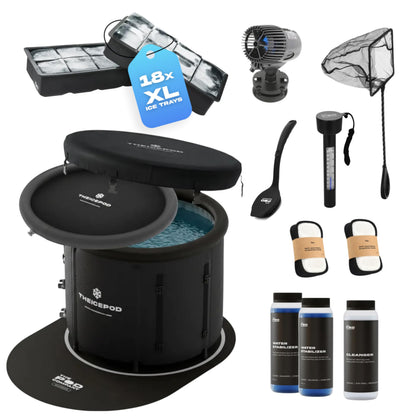 The Pod Company Pro Ice Pod Complete Cold Plunge Bundle – 100-Gallon Ice Bath with 18 Ice Bricks, Insulated Lid & Cover, Water Jet, Maintenance & Cleaning Kit, Thermometer & Floor Mat