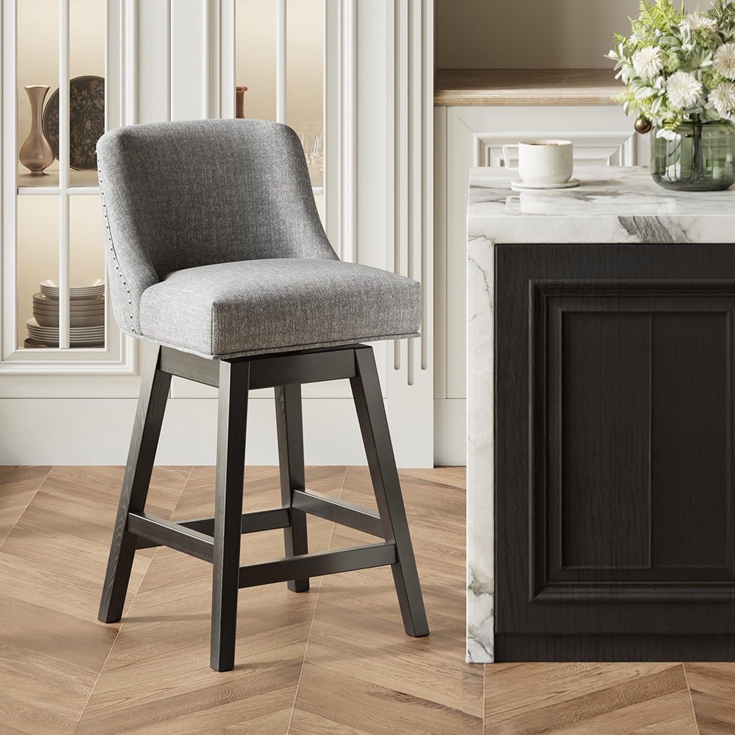 MALOL Swivel Bar Stools Set of 4, 27" Counter Height Kitchen Stools with Padded Seats and Solid Wood Legs, Upholstered Barstools for Kitchen Island, Breakfast Nook (Dark Gery)