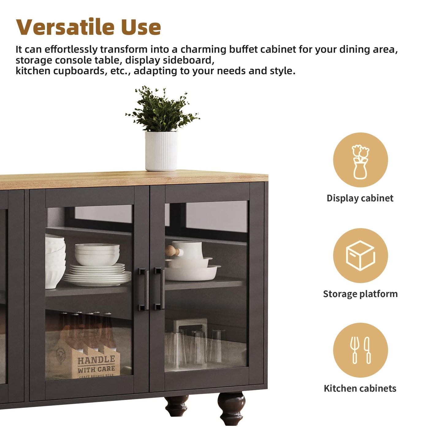 Ball & Cast Farmhouse TV Stand with Tempered Glass Doors for TVs up to 70",Sideboard Buffet w/5 Solid Wood Gourd-Shaped Legs & Adjustable Shelf,Entertainment Center for Living Room,Black+Natural
