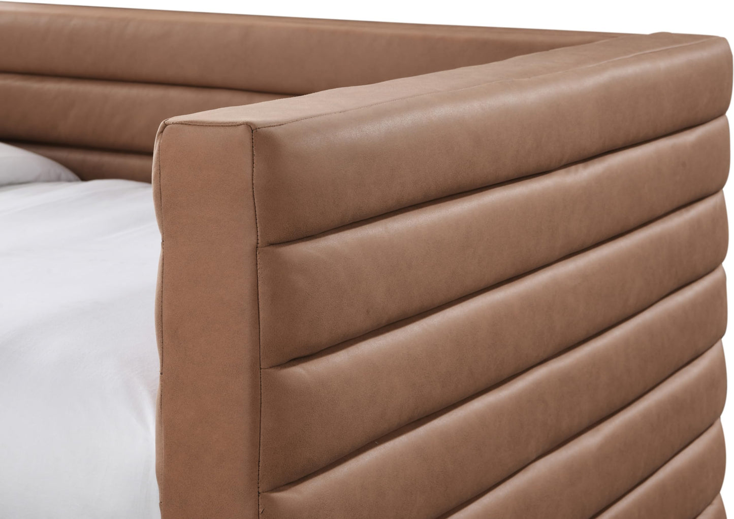 Meridian Furniture BeverlyCognac-T Beverly Collection Modern | Contemporary Twin Daybed with Soft Cognac Premium Vegan Leather, Deep Channel Tufting, Twin Trundle, 87" W x 43.5" D x 34" H, Cognac