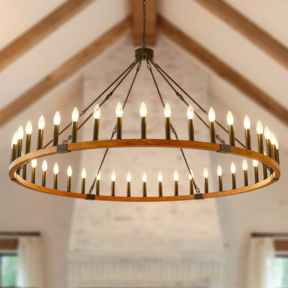 FOVICY 60-Inch Wagon Wheel Chandelier, 42-Light Large Rustic Farmhouse Chandelier for High Ceilings, Wooden Round Chandelier Lighting for Foyer, Entryway, Living Room, Dining Room