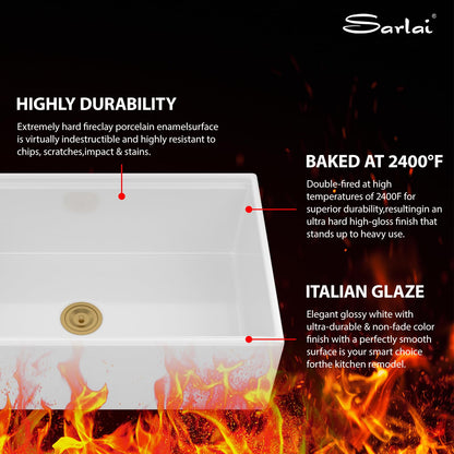 Sarlai White Farmhouse Sink - 33 Inch Farm Kitchen Sink Undermount Workstation Apron Front Reversible Ceramic Fireclay Single Bowl Farmer Sinks Basin 33 x 20 Inch With Gold Accessories