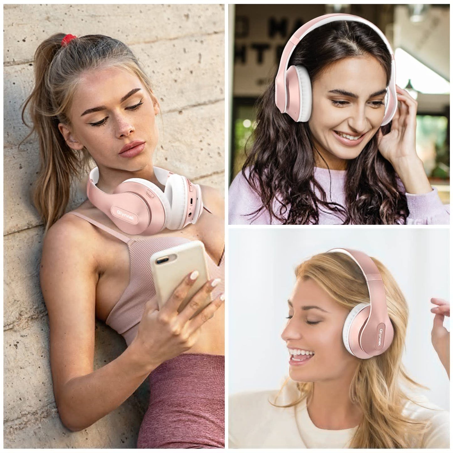 Glynzak Wireless Bluetooth Headphones Over Ear 65H Playtime HiFi Stereo Headset with Microphone and 6EQ Modes Foldable Bluetooth V5.3 Headphones for Travel Smartphone Computer Laptop Rose Gold