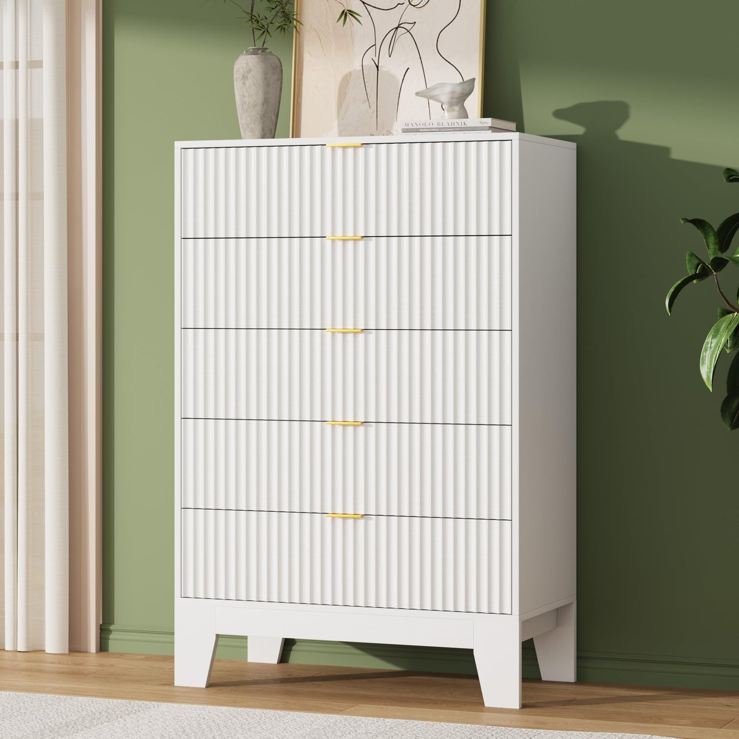 Garvee 5 Drawer Dresser for Bedroom, 47" Tall Fluted Chest of Drawers with Metal Handle, Modern Wooden Dresser TV Stand, Clothes Storage Organizer Wood Closet for Hallway, Entryway, White