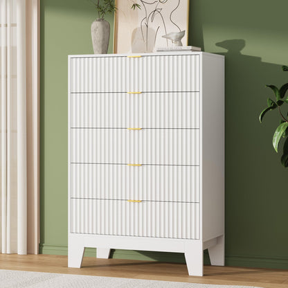 Garvee 5 Drawer Dresser for Bedroom, 47" Tall Fluted Chest of Drawers with Metal Handle, Modern Wooden Dresser TV Stand, Clothes Storage Organizer Wood Closet for Hallway, Entryway, White