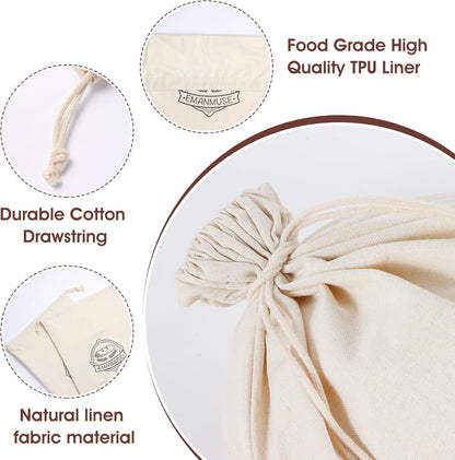 3-Pack 12x17.5 Inch Linen Bread Bags for Homemade Bread & Sourdough, Unbleached with TPU Lining - Reusable Washable