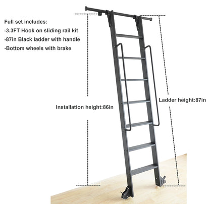HARDJULAN 87" Telescopic Sliding Library Ladder with Handrail – Lightweight Aluminum Rolling Ladder with Braking Wheels, 3.3FT Hook Ladder Track Kit for Home, Loft, and Bookshelves
