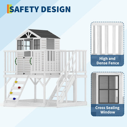2 Story Wooden Playhouse with Climbing Wall, Outdoor Wooden Playhouse with Step Ladder, Elevated Modern Cedar Playhouses Kids