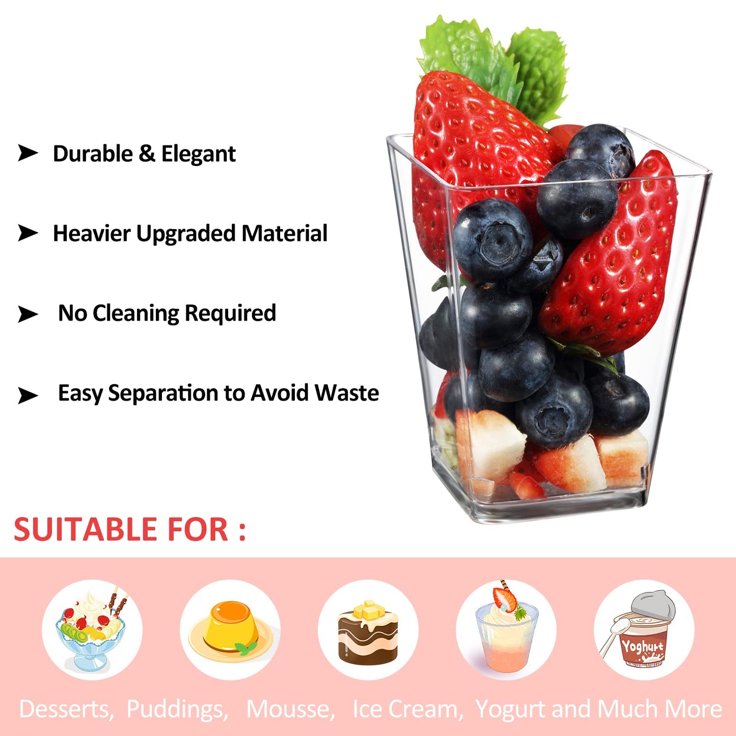 Eupako 100 Pack 5 oz Square Clear Plastic Dessert Cups with Spoons Small Clear Plastic Tumbler Cups Great for Desserts, Appetizers, Puddings, Mousse, Parfait
