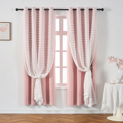 1 72 Inch Pink Blackout Curtain for Girls Bedroom Panel, Double Layered Curtain with Pom Pom White Sheer Overlay, Light