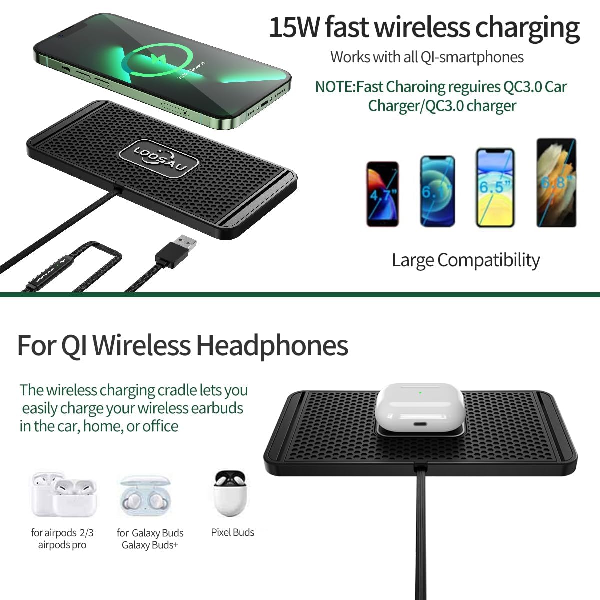 Wireless car Charger Charging pad 15w Non Slip FastCharger for car Wireless Phone Charger for Android for iPhone 11/12/13/14/15/16 Pro Max Xs,Samsung Galaxy S20, S10+ Note 9，LG