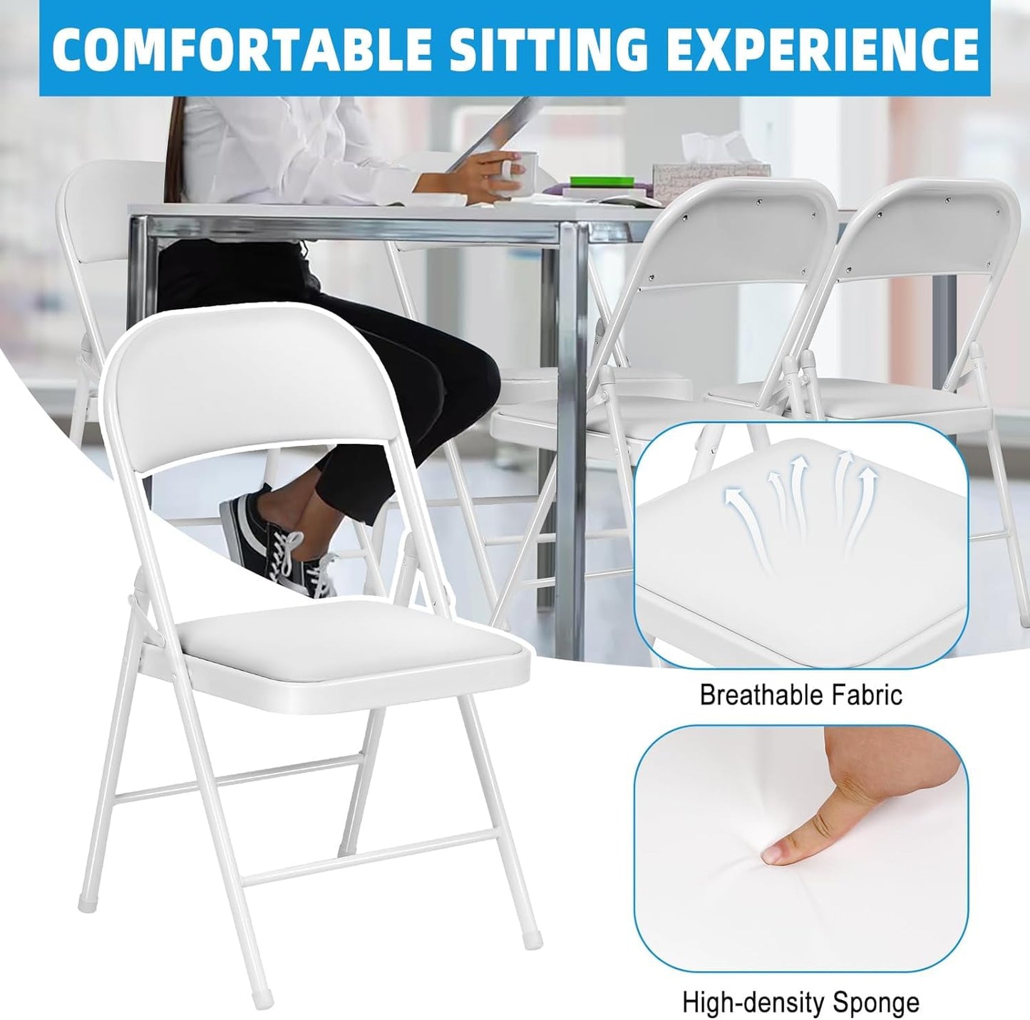 VISTACASA 12 Pack Padded Folding Chairs, Heavy Duty Metal Frame with PU Leather Seat & Back, 350 lbs Capacity Portable Stackable Indoor Outdoor Chairs for Party Wedding Office(White, 12 Pack)