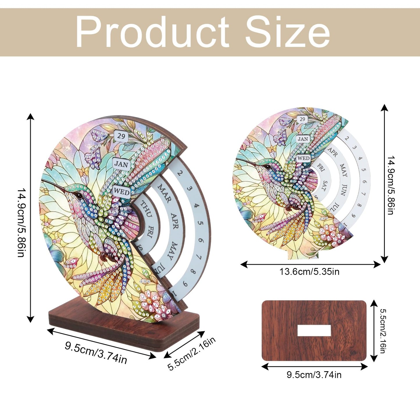 MVVMTOP Diamond Painting Wooden Rotating Calendar Kit, Hummingbird Design Special Shape Diamond Art Handicraft Kit, Rotating Day Month Week and Reusable Calendars, Ideal for Desk Decor & Gift