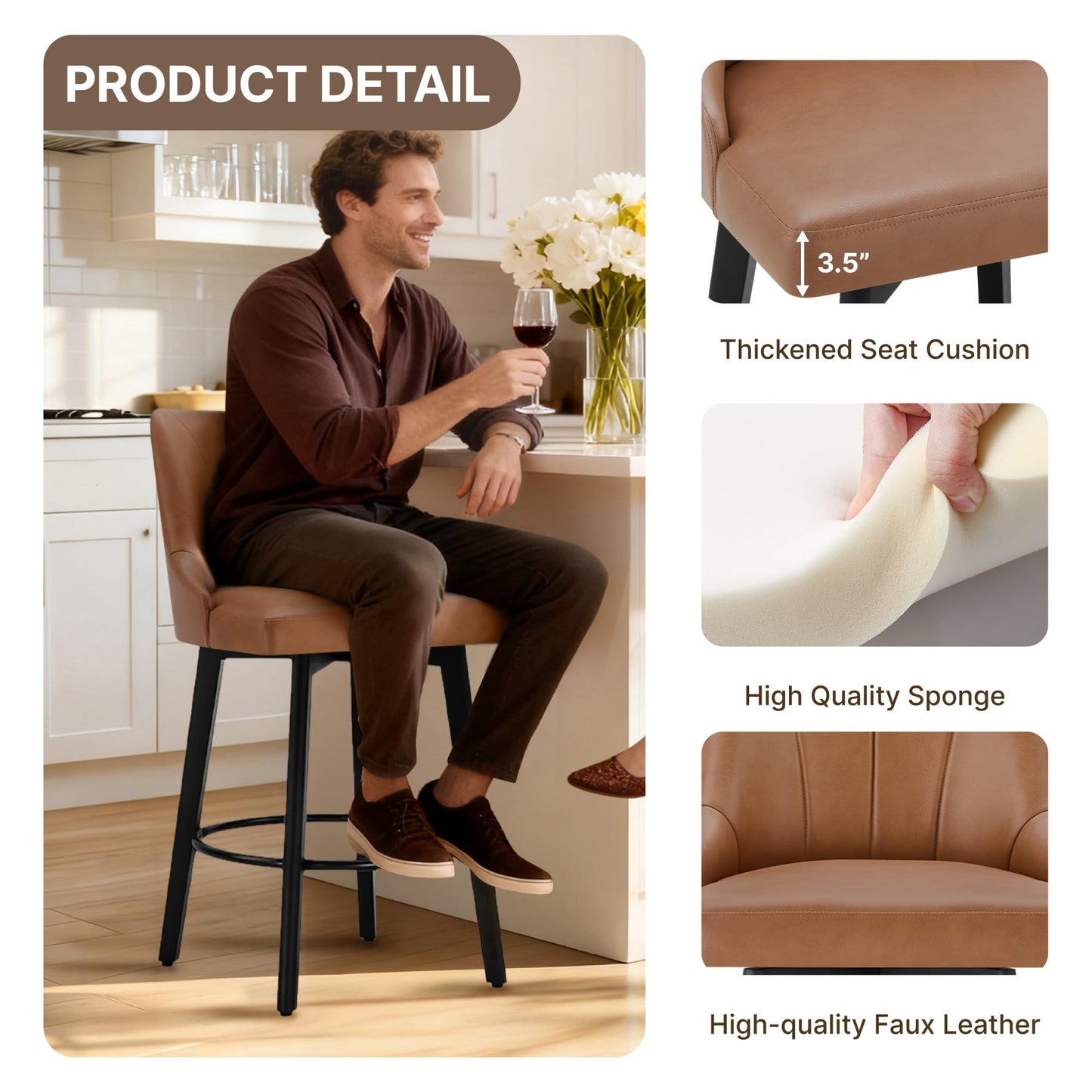 24" Counter Height Bar Stools Set of 2, Swivel Bar Stools with Backs, Faux Leather Upholstered Counter Barstools with Solid Wood Legs for Kitchen Island,Brown