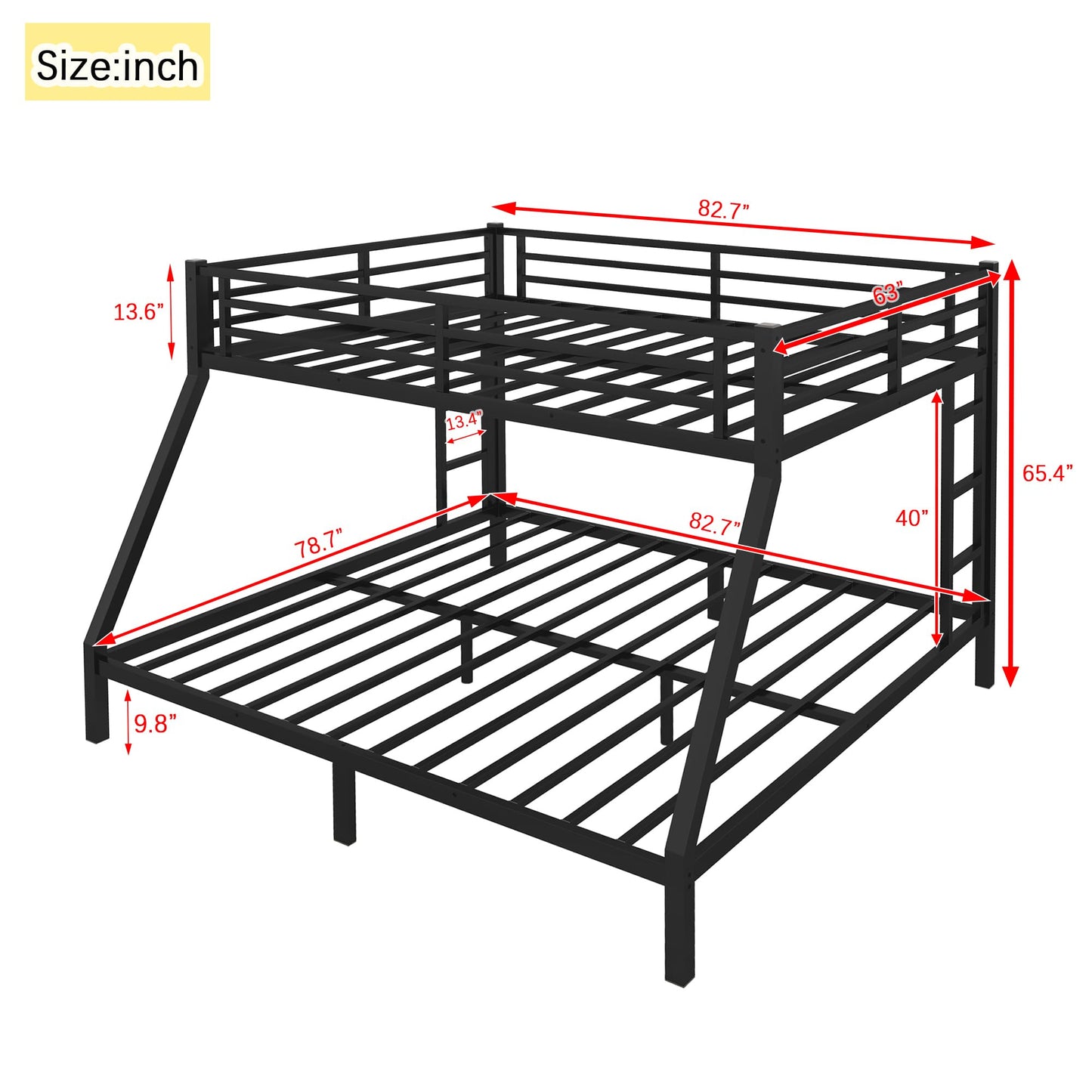Bellemave Queen Over King Bunk Bed for Adults, Queen Over King Bunk Beds Frame with 2 Side Ladder and Full Length Guardrail, Easy Assemble Bunkbeds, Noise Reduced, Mattress Not Included, Black
