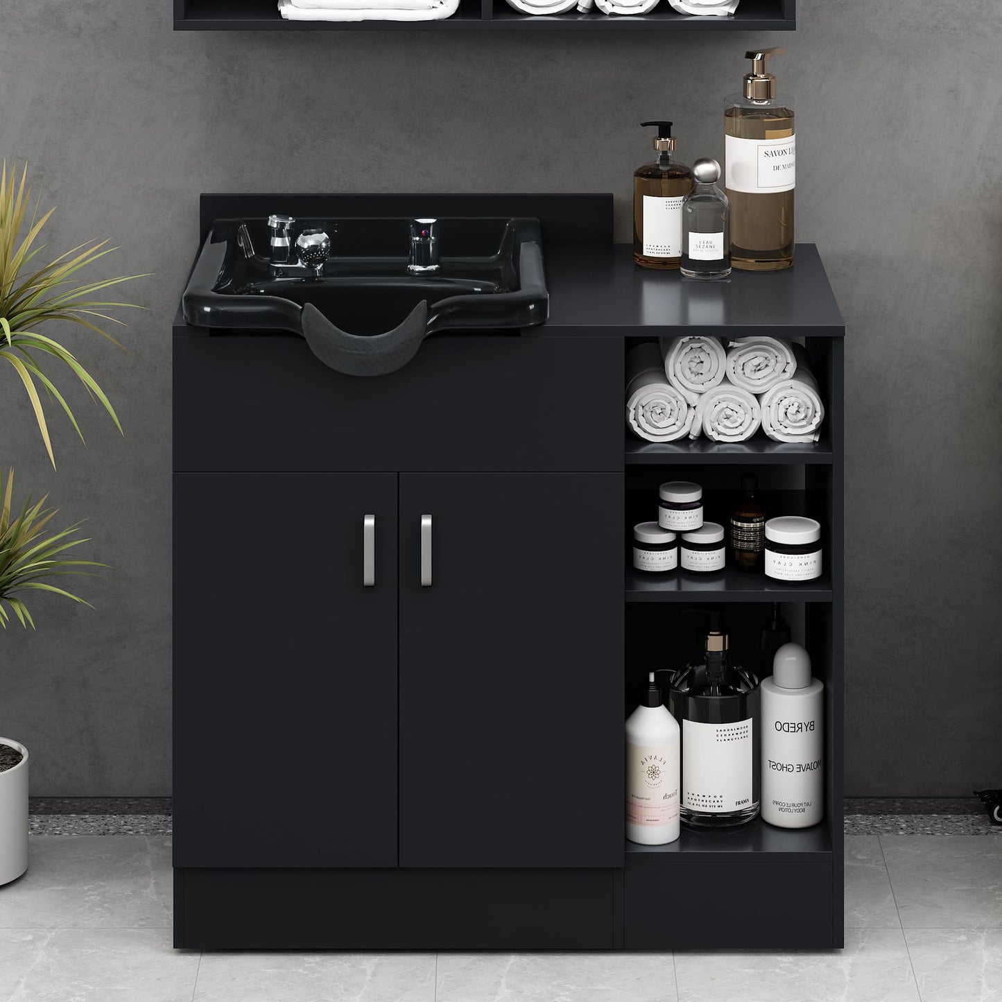 Salon Station,Shampoo Backwash Station for Salons with Shampoo Bowl & Storage Layer,Salon Equipment for Spa Beauty, Black Color