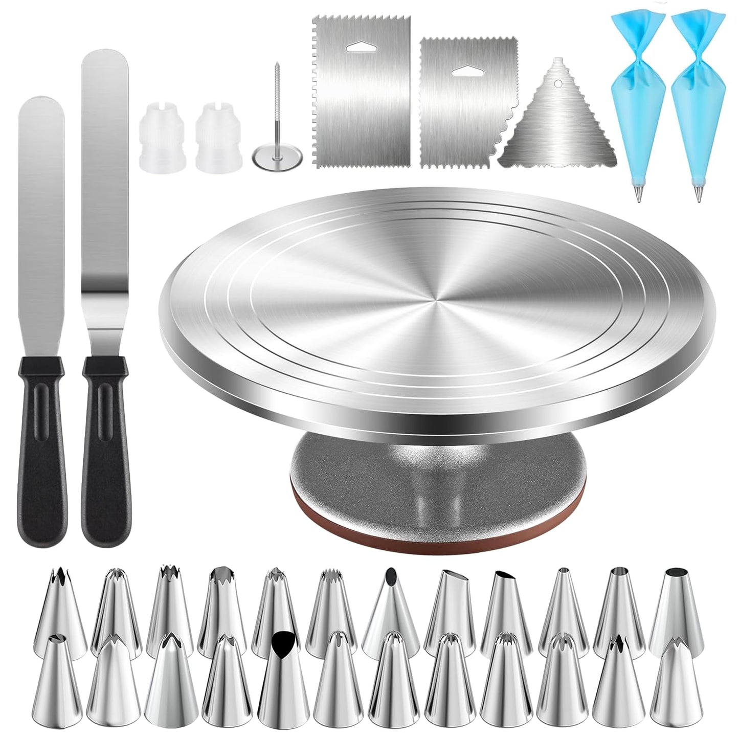 Cake Decorating Kit 35 Pieces - 24 Piping Tips Set with 12 Inch Turntable, Reusable Pastry Bag, Icing Spatula, Scraper, Couplers - Baking Tools for Beginners, Professional Cake Decorating Supplies