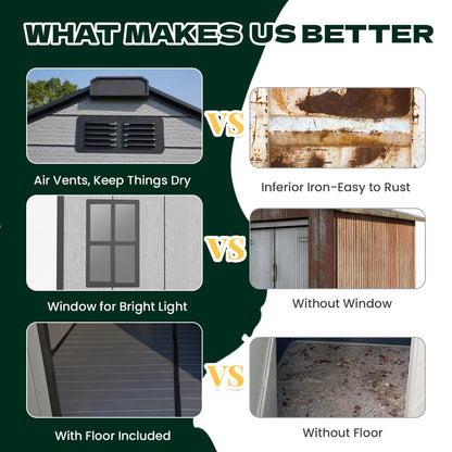 DNYKER 8 x 8 FT Resin Outdoor Storage Shed, All-Weather Plastic Garden Shed with Floor, Lockable Doors & Windows, Plastic Tool Shed for Backyard, Patio, Poolside