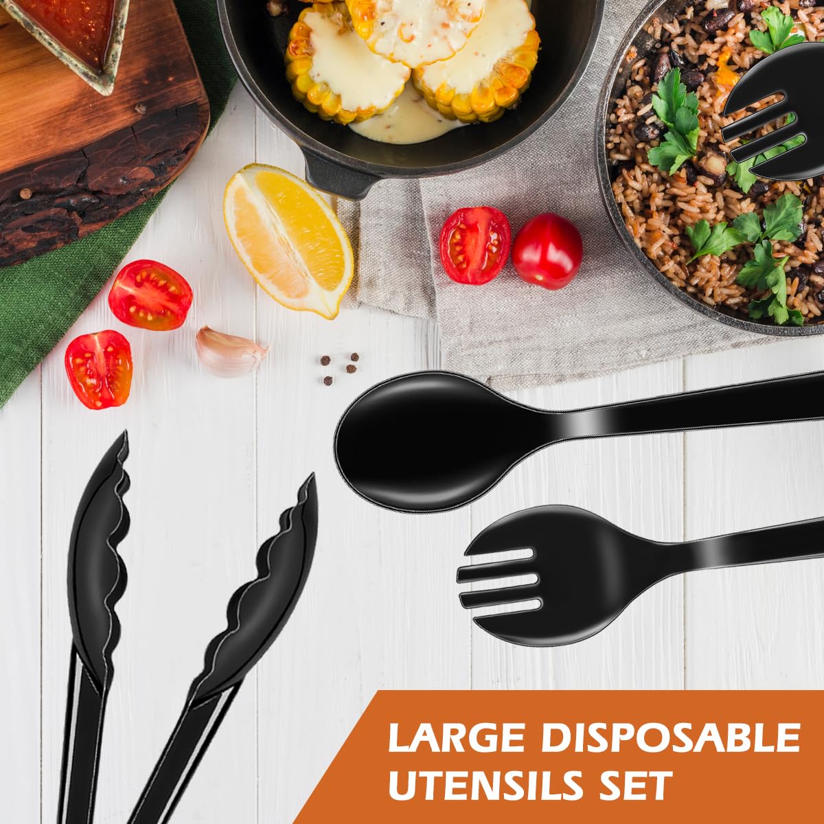 45Pcs Plastic Serving Utensils Set Black Disposable Serving Spoons Tongs Forks for Serving Food Heavy Duty Large Serving Utensils Supplies for Parties Buffet Restaurant Dinner