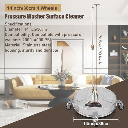 TRELVEX 14 Inches Pressure Washer Surface Cleaner Stainless Steel Housing Power Washer Accessory with 4 Wheels 1/4 Inch Quick Connector 2 ExWand Attachments 4000 PSI for Cleaning Driveways Sid